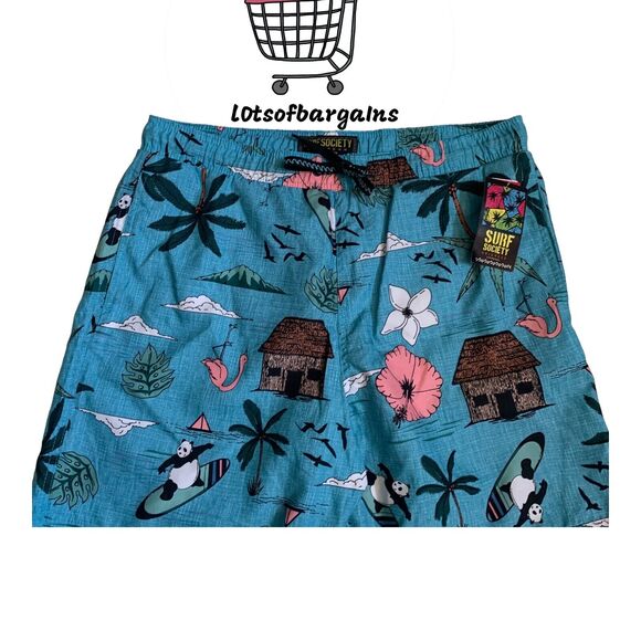 Surf Society Men's Size L Swim Trunks Shorts Palm Floral Panda Flamingos Nwt - Picture 7 of 9